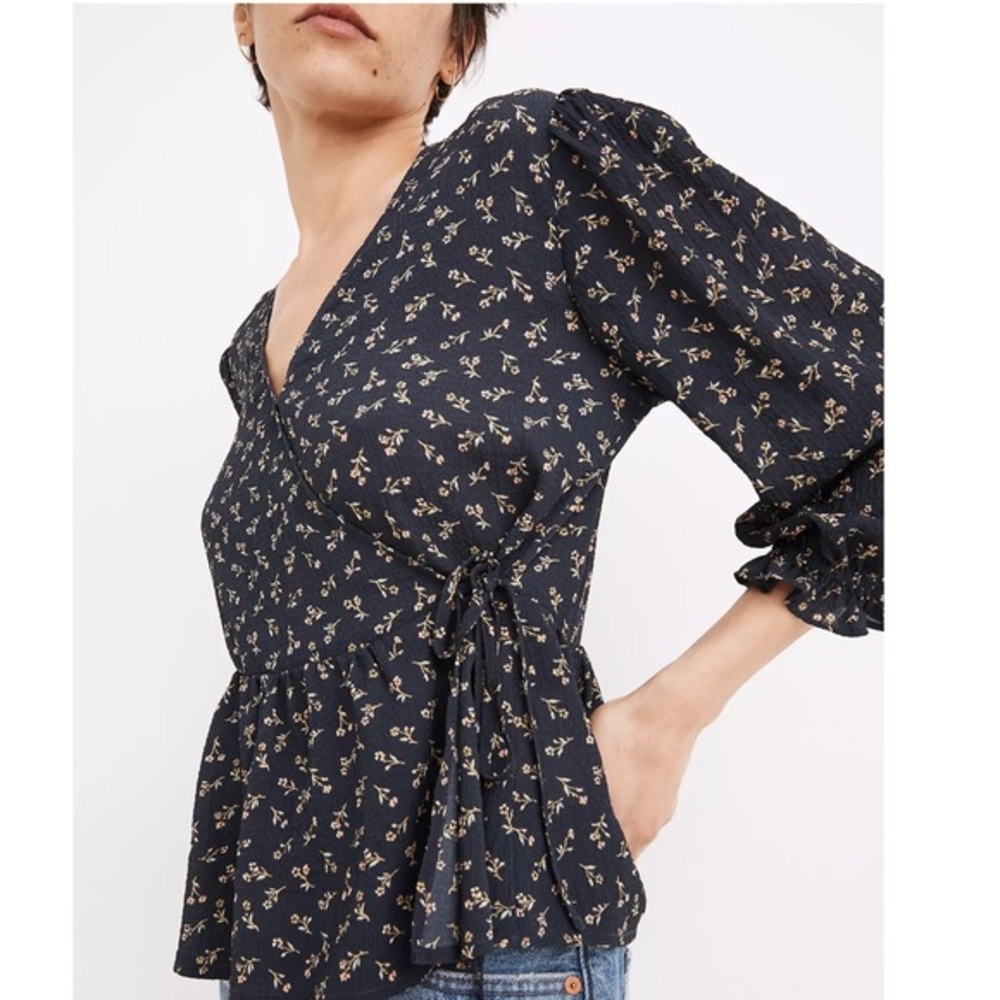 Puff-Sleeve Peplum Wrap Top in Spring Fling XS - Picture 2 of 9